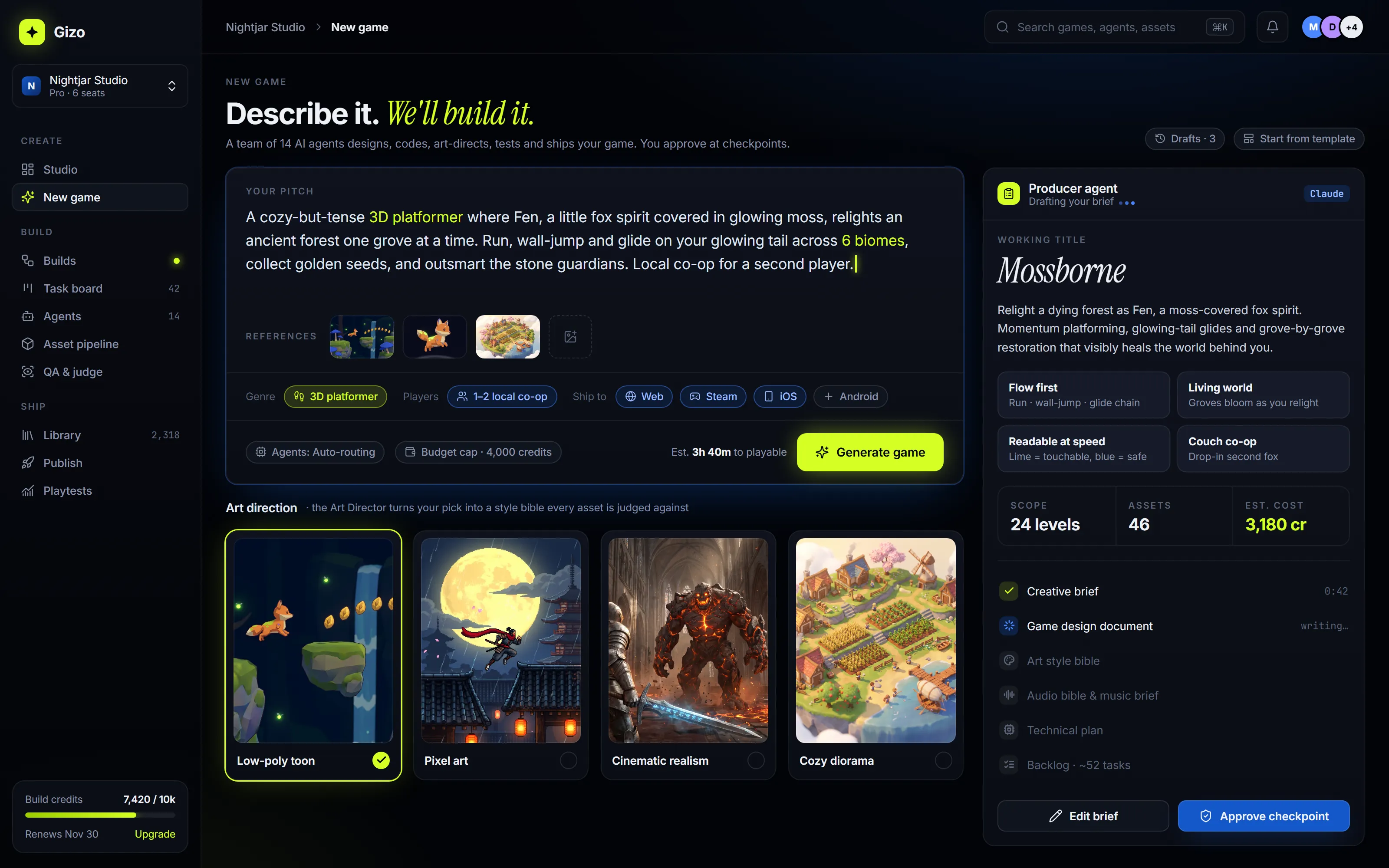 Gizo new game screen: a written pitch for Mossborne, reference images, genre and platform options and art style picks
